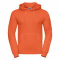 A Russell J575M hooded sweatshirt in orange, featuring drawstrings and a front pocket, displayed on a white background.