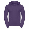 A plain purple hoodie designed by Russell, model J575M, featuring long sleeves, a front pocket, and drawstrings on the hood, showcased against a white background.