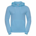 The Russell J575M hoodie in a solid light blue color features a front pocket and adjustable drawstrings.