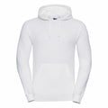 The Russell J575M, a plain white hoodie featuring a front pocket and drawstring hood, displayed against a white backdrop.