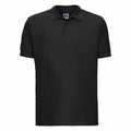 Russell's J577M is a black polo shirt with short sleeves, a collar, and a three-button placket.