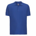 A Russell J577M plain blue polo shirt featuring a collar and short sleeves, showcased against a white background.