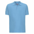 Product Description: The Russell J577M, a plain light blue polo shirt, is showcased against a white background. It features a classic collar and a three-button placket.