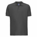 A plain dark gray Russell J577M polo shirt displayed against a white background, featuring short sleeves, a collar, and a button placket.