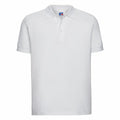 Russell's J577M, a white polo shirt featuring a classic collar and three buttons, is showcased against a plain background.