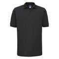 The J599M polo shirt by Russell is a simple black design featuring a collar and short sleeves, displayed on a white background.