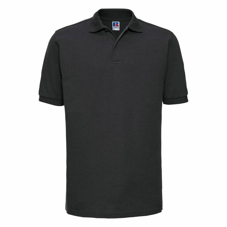 The J599M polo shirt by Russell is a simple black design featuring a collar and short sleeves, displayed on a white background.