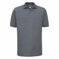 A plain gray short-sleeve Russell polo shirt (model J599M) features a collar and a three-button placket down the front. The shirt is showcased against a white background.