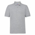 The J599M, a classic polo shirt by Russell, comes in plain gray with short sleeves and a collar. It includes a two-button placket and is crafted from medium-weight fabric.
