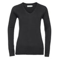 The Russell Collection J710F sweater, featuring a black V-neck design with long sleeves and ribbed cuffs and hemline, is displayed against a white background.