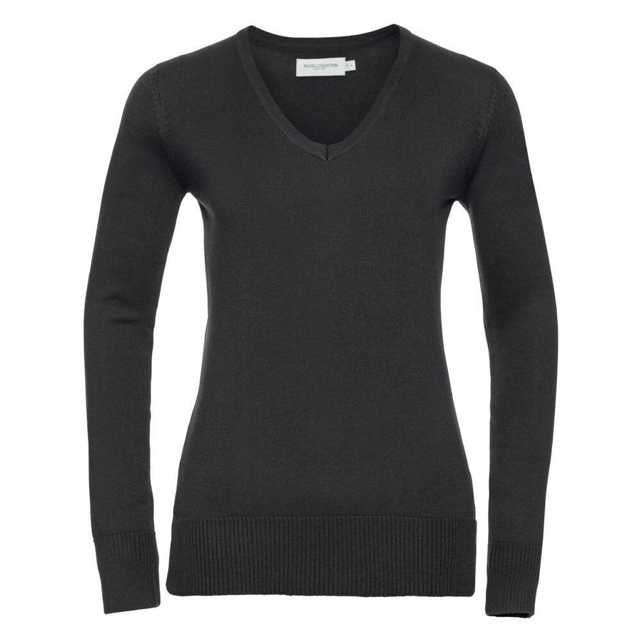 The Russell Collection J710F sweater, featuring a black V-neck design with long sleeves and ribbed cuffs and hemline, is displayed against a white background.