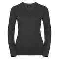 A V-neck sweater from Russell Collection, product code J710F, featuring a charcoal gray color with long sleeves and ribbed cuffs.