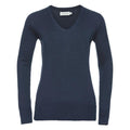 A Russell Collection J710F in navy blue featuring a V-neck and long sleeves displayed against a plain white backdrop.
