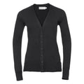 Russell Collection's J715F is a black V-neck cardigan featuring long sleeves and a row of buttons down the front.
