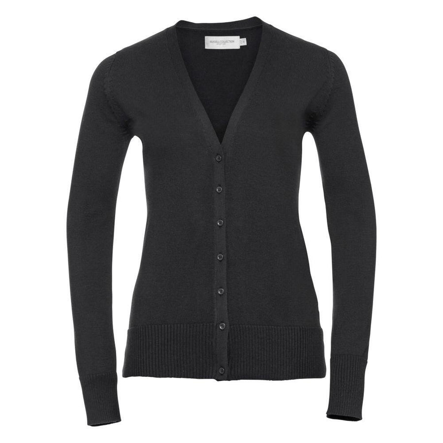 Russell Collection's J715F is a black V-neck cardigan featuring long sleeves and a row of buttons down the front.