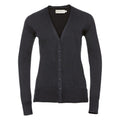 Russell Collection J715F black V-neck cardigan featuring long sleeves and a button closure.