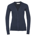 Russell Collection's J715F cardigan in navy blue, featuring long sleeves, a V-neck, and a button-down front.
