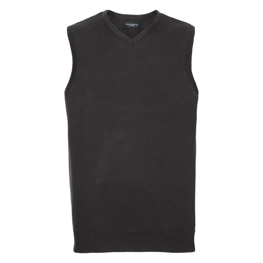 A black sleeveless V-neck sweater vest, known as the J716M by Russell Collection, set against a white background.