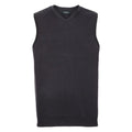 The J716M, a black sleeveless V-neck sweater from the Russell Collection, is displayed against a white background.