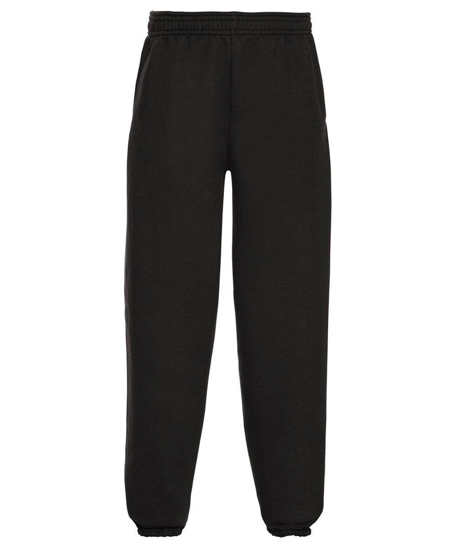 Russell's J750B black sweatpants, featuring an elastic waistband and cuffs, are displayed against a plain white background.