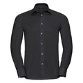 A J922M shirt by Russell Collection, featuring a black long-sleeve button-up design with a collar, displayed against a white background.