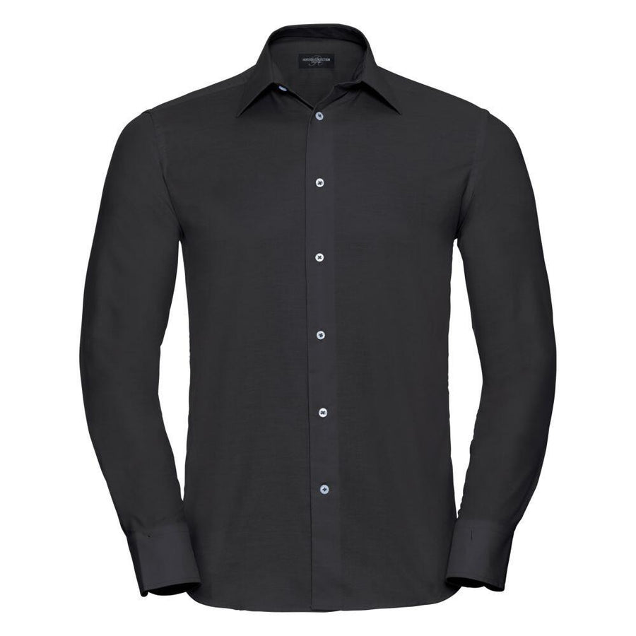 A J922M shirt by Russell Collection, featuring a black long-sleeve button-up design with a collar, displayed against a white background.