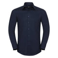 The Russell Collection J922M, a long-sleeved dark blue button-up shirt, is displayed against a white background.