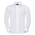 The J922M, a plain white long-sleeve dress shirt from the Russell Collection, featuring a collar and button-down front, is displayed against a white background.