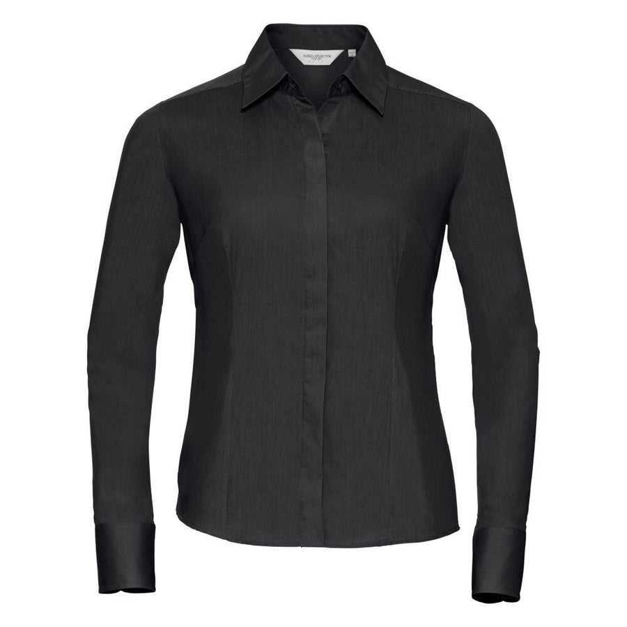 Russell Collection's J924F, a black long-sleeve button-up shirt featuring a pointed collar, is displayed against a white background.