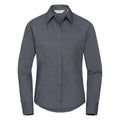 The Russell Collection J924F is a long-sleeve, button-up gray shirt featuring a pointed collar, displayed on a plain white background.