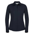 The J924F from Russell Collection is a fitted navy long-sleeve collared shirt featuring a button closure, showcased against a plain white background.