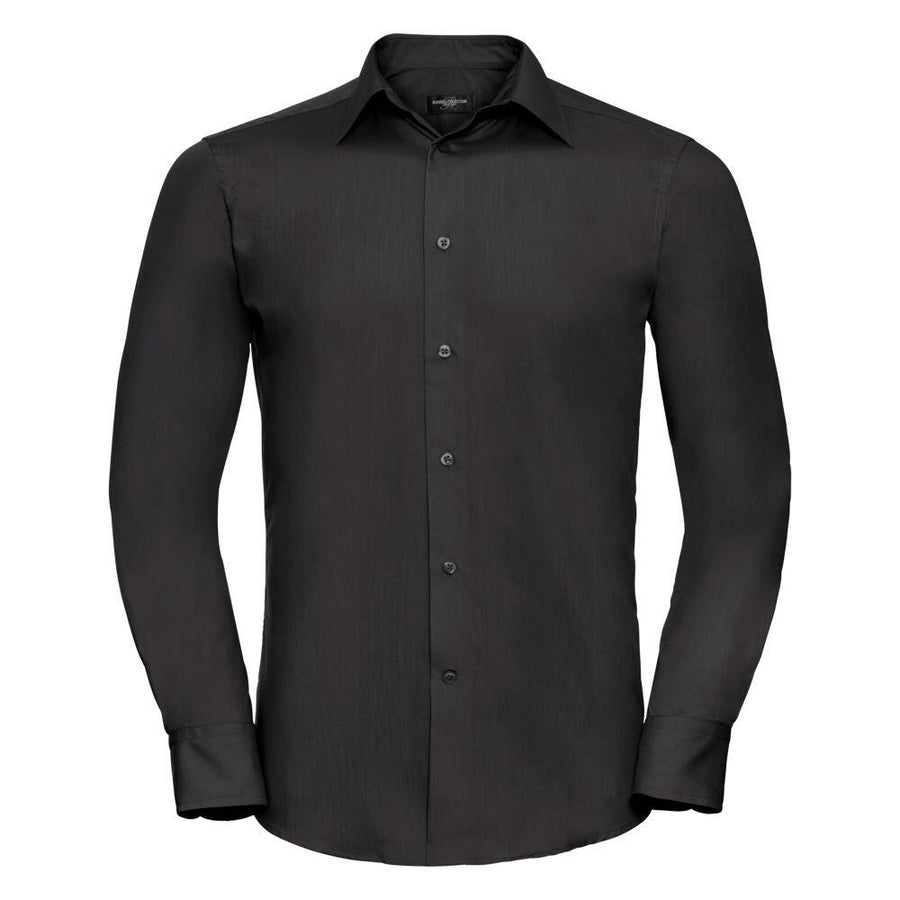 A long-sleeved, blackbutton-up shirt from the Russell Collection, model J924M, featuring a classic collar and cuffed sleeves is displayed against a white background. The shirt is neatly pressed and has a slim-fitting style.