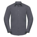 A shirt from the Russell Collection, model J924M, featuring a dark gray button-up design with long sleeves and a collar, showcased on a white background.