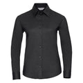 The J932F from Russell Collection is a black long-sleeve button-up shirt with a collar, showcased against a plain white background.