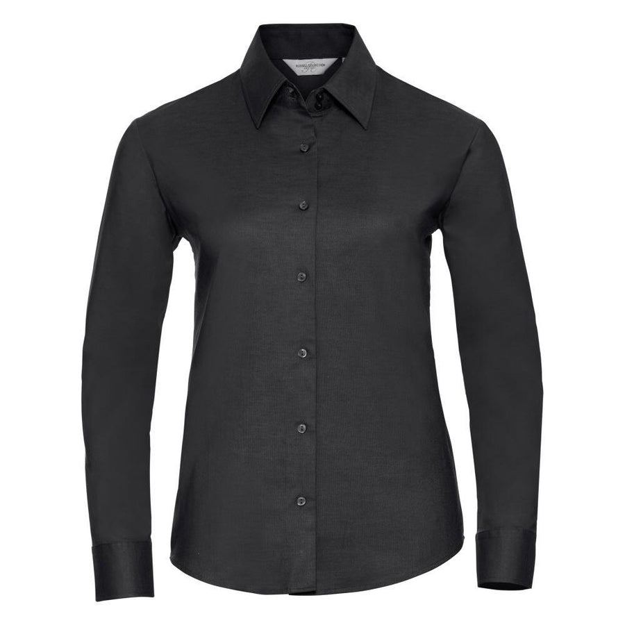 The J932F from Russell Collection is a black long-sleeve button-up shirt with a collar, showcased against a plain white background.