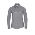 A J932F gray long-sleeve shirt by Russell Collection, featuring a classic collar and button-up design, displayed on a plain white background.