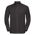 The Russell Collection's J932M, a black button-up shirt featuring long sleeves and a chest pocket, is displayed against a white background.