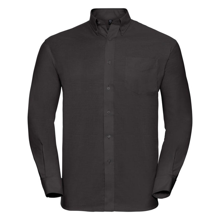 The Russell Collection's J932M, a black button-up shirt featuring long sleeves and a chest pocket, is displayed against a white background.