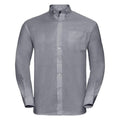 The J932M shirt from the Russell Collection is a gray button-up featuring a collar, long sleeves with buttoned cuffs, and a chest pocket, showcased against a white background.