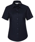 A J933F black button-up shirt with short sleeves and a collar from Russell Collection, displayed on a white background.