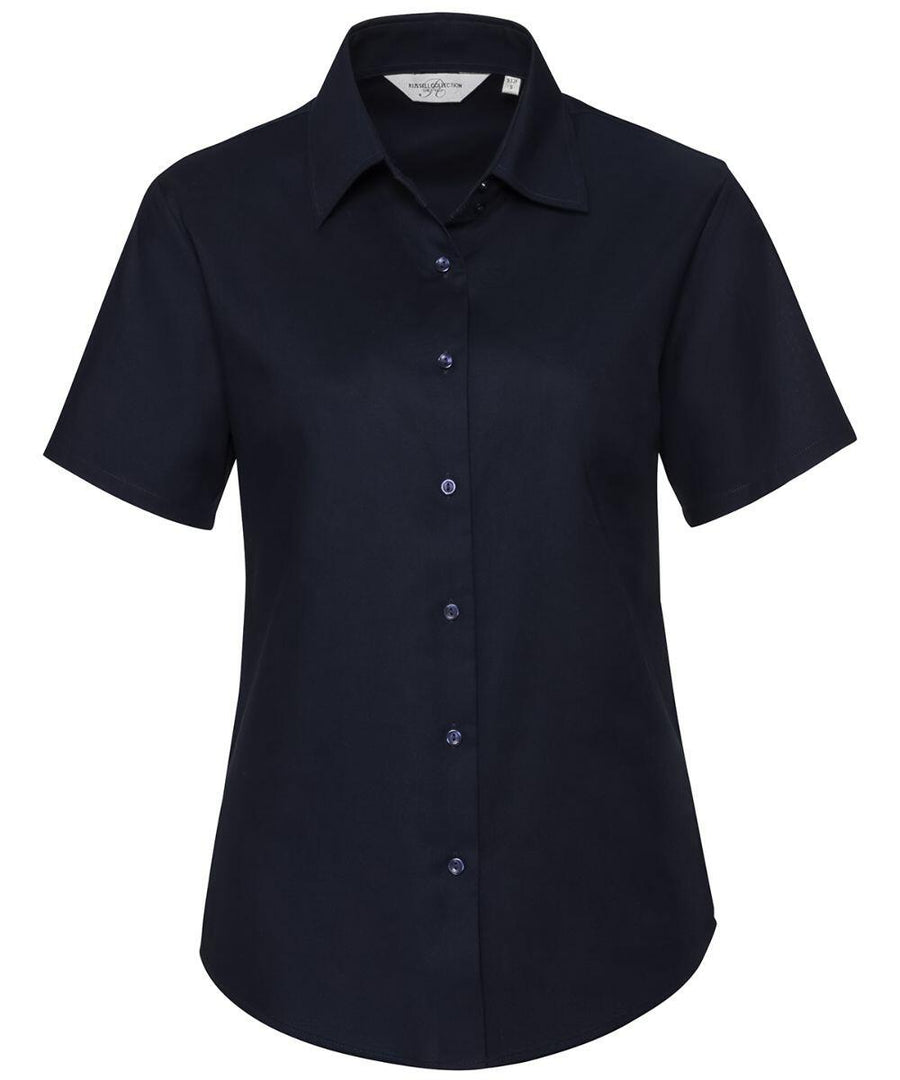 A J933F black button-up shirt with short sleeves and a collar from Russell Collection, displayed on a white background.