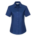 Russell Collection's J933F blue short-sleeve button-up shirt with a collar is displayed on a plain white background.