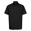 Short-sleeve black button-up shirt by Russell Collection, featuring a single chest pocket, model J933M.
