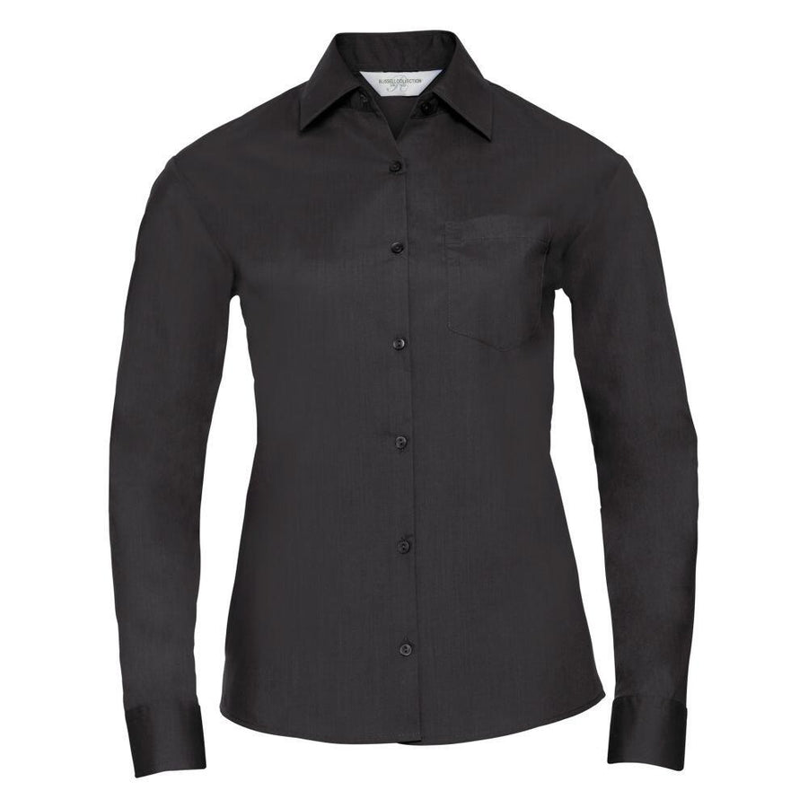 The J934F, a black long-sleeved button-up shirt featuring a collar and chest pocket from the Russell Collection, is displayed against a plain white background.
