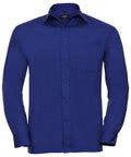 A long-sleeve, button-up shirt featuring a collar and chest pocket from the Russell Collection, in blue, style J934M.