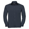The Russell Collection J934M is a long-sleeved dark gray dress shirt, featuring button closure and a front chest pocket, displayed against a white background.