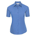 A short-sleeve, blue button-up J935F shirt by Russell Collection, featuring a collar and a chest pocket.