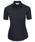 A black, short-sleeved button-up shirt with a classic collar and a chest pocket, crafted for a fitted look, from the Russell Collection's J935F line.