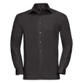 The Russell Collection J936M is a black, long-sleeved dress shirt featuring a pocket on the left side and button details along the front.