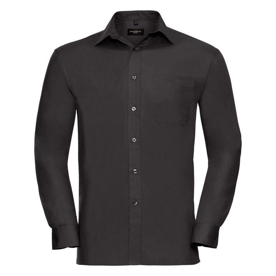 The Russell Collection J936M is a black, long-sleeved dress shirt featuring a pocket on the left side and button details along the front.